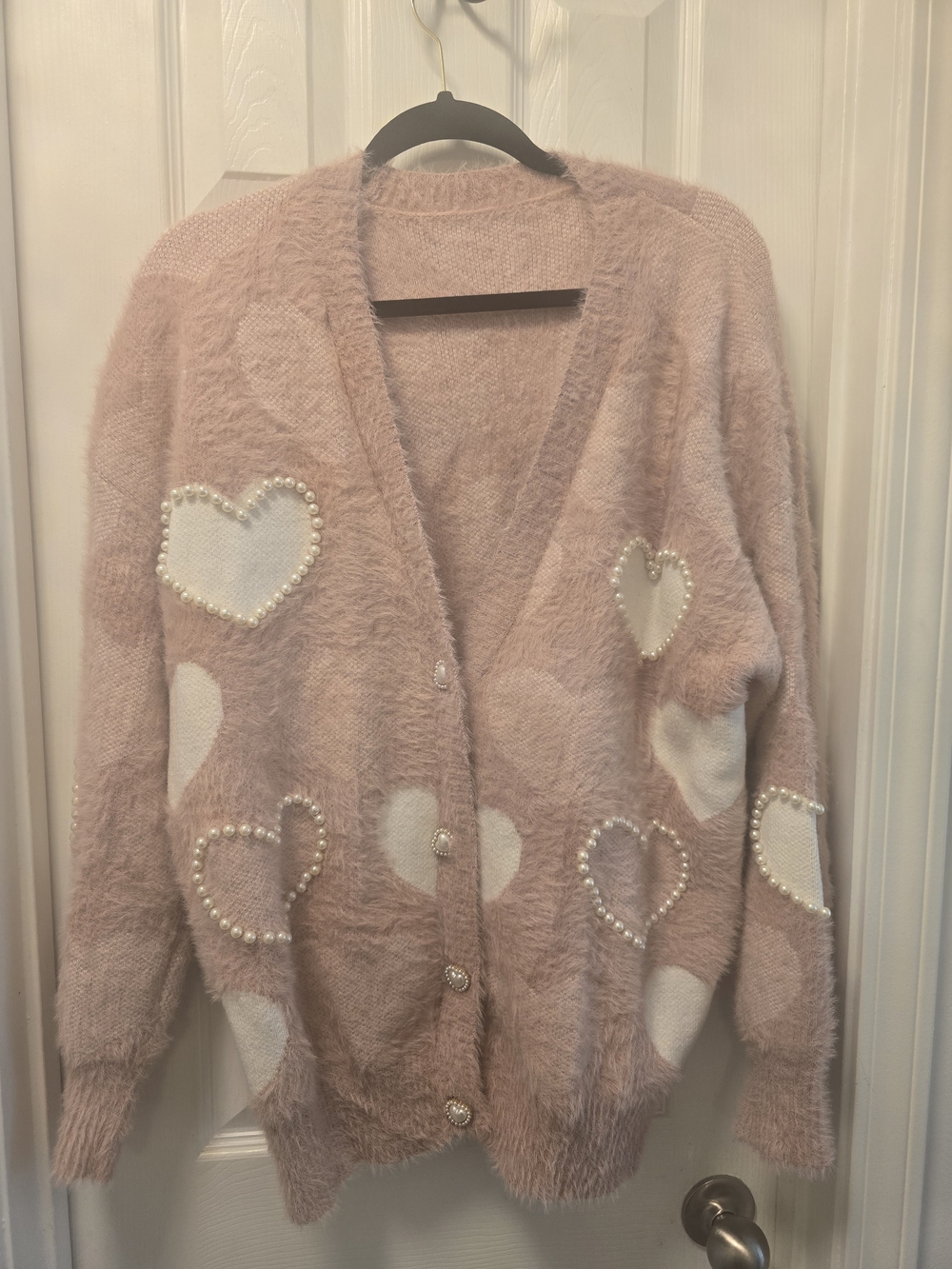 Chicwish Pink Heart Pearl-Trim Cardigan